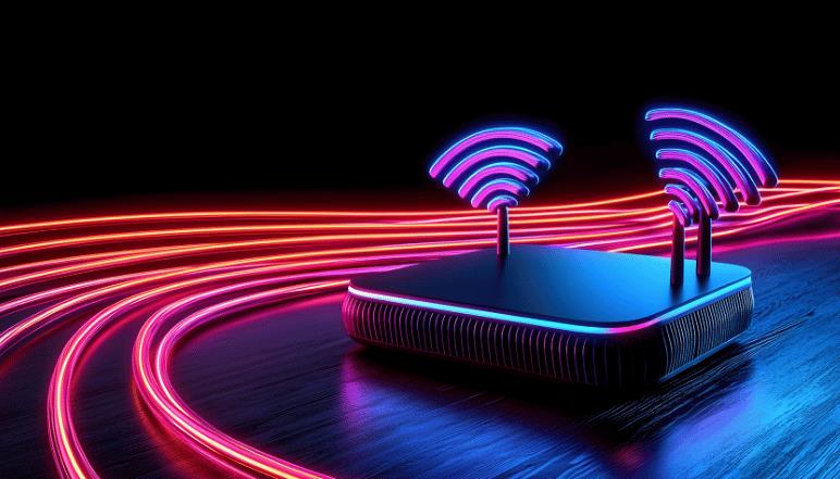 Wireless router with glowing Wi-Fi signals and colourful light trails.